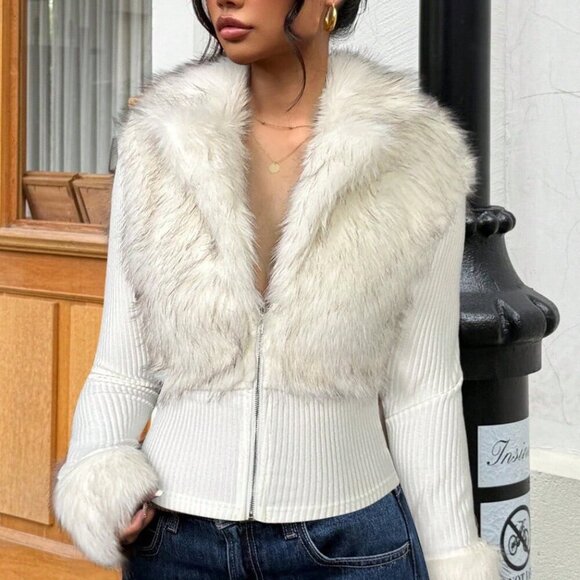 White Casual Women'sFaux Fur Zip-Up Long Sleeve ribbed top - Picture 1 of 8